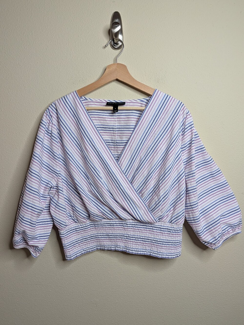 Lane Bryant Striped Wrap Crop Top Plus Size 16 Cotton Smocked Hem Balloon Sleeve